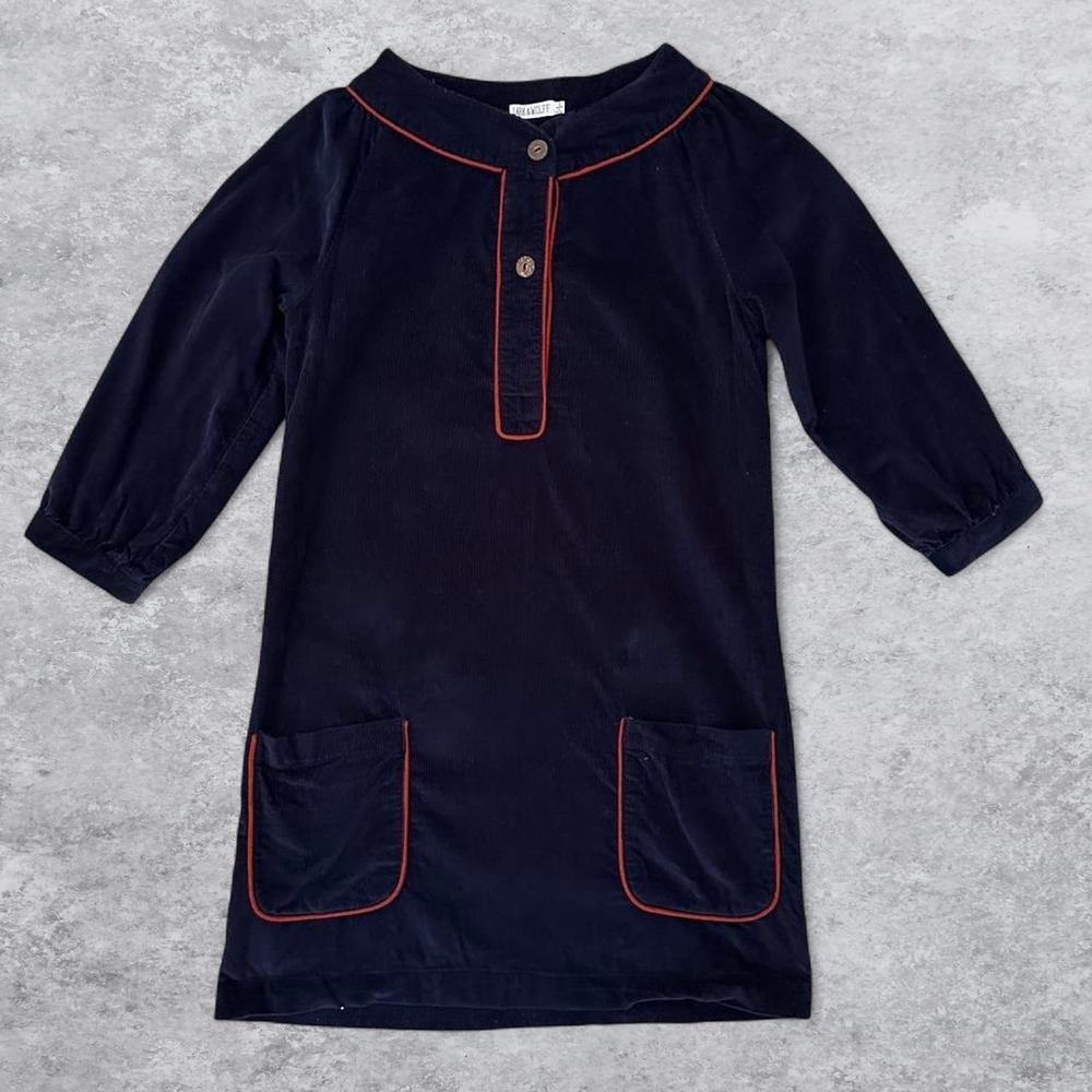 Lark & Wolff Navy Blue Corduroy Mini Dress Orange‎ Trim 3/4 Sleeve Shift Small